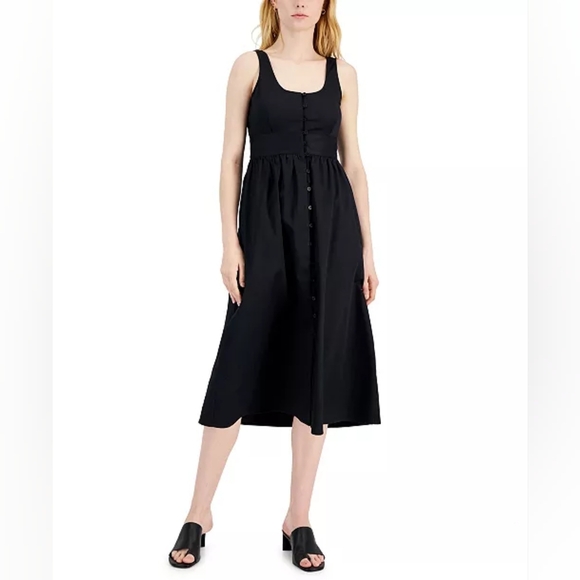 Alfani Button Front Midi Dress Women's L‎ Minimalist Neutral Goth Dark Feminine - Picture 1 of 13